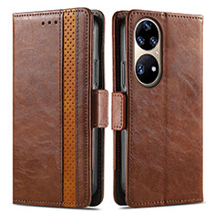 Leather Case Stands Flip Cover Holder S02D for Huawei P50 Brown