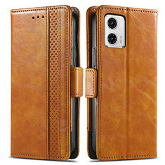 Leather Case Stands Flip Cover Holder S02D for Motorola Moto G73 5G Light Brown