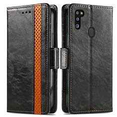Leather Case Stands Flip Cover Holder S02D for Samsung Galaxy M21 Black