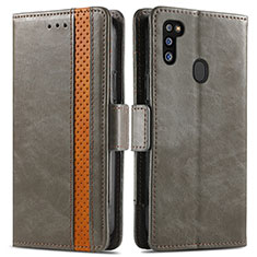 Leather Case Stands Flip Cover Holder S02D for Samsung Galaxy M21 Gray