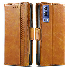 Leather Case Stands Flip Cover Holder S02D for Vivo iQOO Z3 5G Light Brown