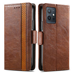 Leather Case Stands Flip Cover Holder S02D for Vivo T1 5G India Brown