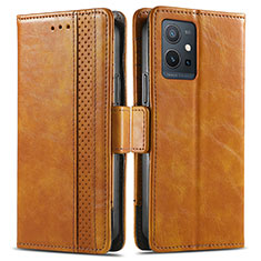Leather Case Stands Flip Cover Holder S02D for Vivo T1 5G India Light Brown