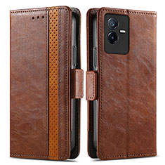 Leather Case Stands Flip Cover Holder S02D for Vivo T2x 5G Brown