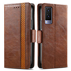 Leather Case Stands Flip Cover Holder S02D for Vivo V21e 5G Brown