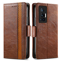 Leather Case Stands Flip Cover Holder S02D for Vivo X70 Pro 5G Brown