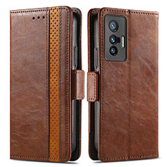 Leather Case Stands Flip Cover Holder S02D for Vivo X70t Brown