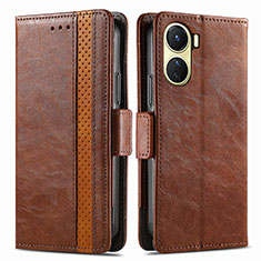 Leather Case Stands Flip Cover Holder S02D for Vivo Y02S Brown