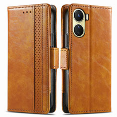 Leather Case Stands Flip Cover Holder S02D for Vivo Y02S Light Brown