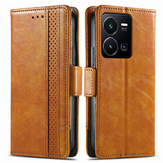 Leather Case Stands Flip Cover Holder S02D for Vivo Y35 4G Light Brown