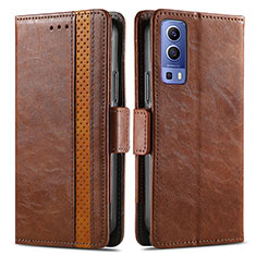 Leather Case Stands Flip Cover Holder S02D for Vivo Y52 5G Brown