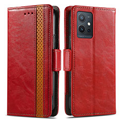 Leather Case Stands Flip Cover Holder S02D for Vivo Y55s 5G Red