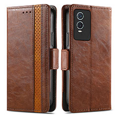 Leather Case Stands Flip Cover Holder S02D for Vivo Y74s 5G Brown