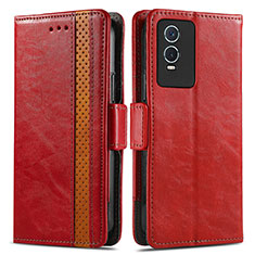 Leather Case Stands Flip Cover Holder S02D for Vivo Y76s 5G Red