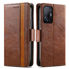 Leather Case Stands Flip Cover Holder S02D for Xiaomi Mi 11T Pro 5G Brown