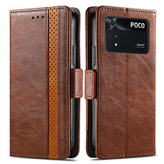 Leather Case Stands Flip Cover Holder S02D for Xiaomi Poco M4 Pro 4G Brown