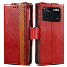 Leather Case Stands Flip Cover Holder S02D for Xiaomi Poco M4 Pro 4G Red