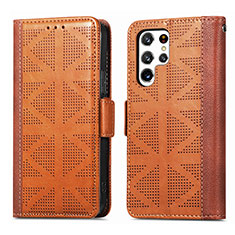 Leather Case Stands Flip Cover Holder S03D for Samsung Galaxy S22 Ultra 5G Brown