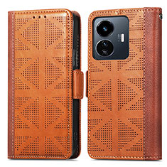 Leather Case Stands Flip Cover Holder S03D for Vivo Y77e 5G Brown