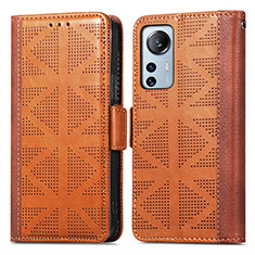 Leather Case Stands Flip Cover Holder S03D for Xiaomi Mi 12 Pro 5G Brown