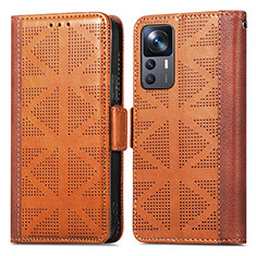 Leather Case Stands Flip Cover Holder S03D for Xiaomi Mi 12T 5G Brown