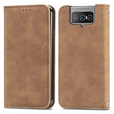 Leather Case Stands Flip Cover Holder S04D for Asus Zenfone 7 Pro ZS671KS Brown