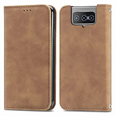 Leather Case Stands Flip Cover Holder S04D for Asus Zenfone 7 ZS670KS Brown