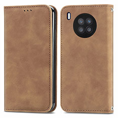 Leather Case Stands Flip Cover Holder S04D for Huawei Honor 50 Lite Brown