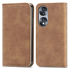 Leather Case Stands Flip Cover Holder S04D for Huawei Honor 70 5G Brown