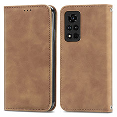 Leather Case Stands Flip Cover Holder S04D for Huawei Honor V40 5G Brown