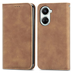 Leather Case Stands Flip Cover Holder S04D for Huawei Nova 10 SE Brown