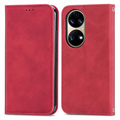 Leather Case Stands Flip Cover Holder S04D for Huawei P50 Red