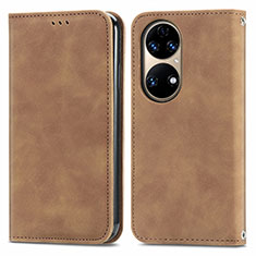 Leather Case Stands Flip Cover Holder S04D for Huawei P50e Brown