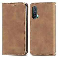 Leather Case Stands Flip Cover Holder S04D for OnePlus Nord CE 5G Brown