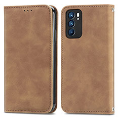 Leather Case Stands Flip Cover Holder S04D for Oppo Reno6 5G Brown