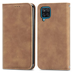 Leather Case Stands Flip Cover Holder S04D for Samsung Galaxy A12 Brown
