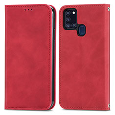 Leather Case Stands Flip Cover Holder S04D for Samsung Galaxy A21s Red