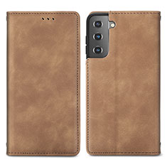 Leather Case Stands Flip Cover Holder S04D for Samsung Galaxy S21 5G Brown