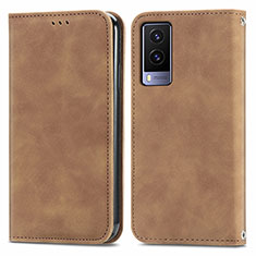 Leather Case Stands Flip Cover Holder S04D for Vivo V21e 5G Brown