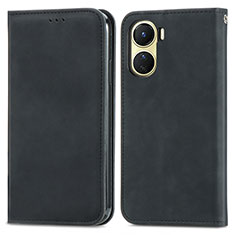 Leather Case Stands Flip Cover Holder S04D for Vivo Y02S Black