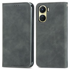 Leather Case Stands Flip Cover Holder S04D for Vivo Y02S Gray