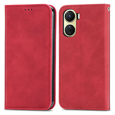 Leather Case Stands Flip Cover Holder S04D for Vivo Y02S Red