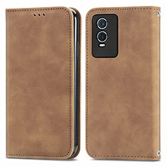 Leather Case Stands Flip Cover Holder S04D for Vivo Y74s 5G Brown