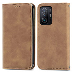 Leather Case Stands Flip Cover Holder S04D for Xiaomi Mi 11T Pro 5G Brown