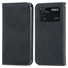 Leather Case Stands Flip Cover Holder S04D for Xiaomi Poco M4 Pro 4G Black