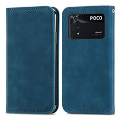 Leather Case Stands Flip Cover Holder S04D for Xiaomi Poco M4 Pro 4G Blue