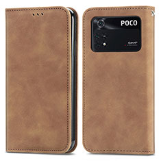 Leather Case Stands Flip Cover Holder S04D for Xiaomi Poco M4 Pro 4G Brown