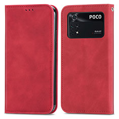 Leather Case Stands Flip Cover Holder S04D for Xiaomi Poco M4 Pro 4G Red