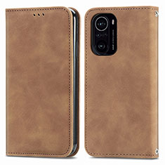 Leather Case Stands Flip Cover Holder S04D for Xiaomi Redmi K40 5G Brown