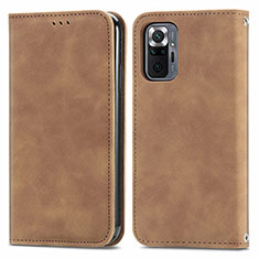 Leather Case Stands Flip Cover Holder S04D for Xiaomi Redmi Note 10 Pro 4G Brown